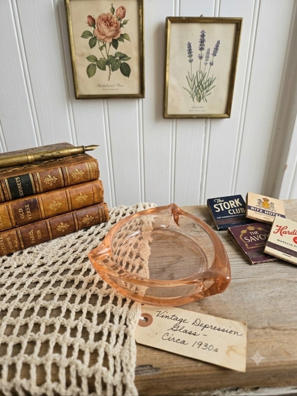 Vintage Pink Depression Glass Triangular Ashtray | Art Deco MCM Peach Glass